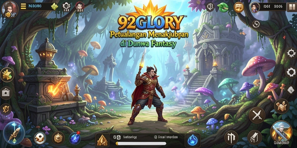 Tampilan gameplay 92GLORY dengan karakter menjelajahi dunia petualangan.