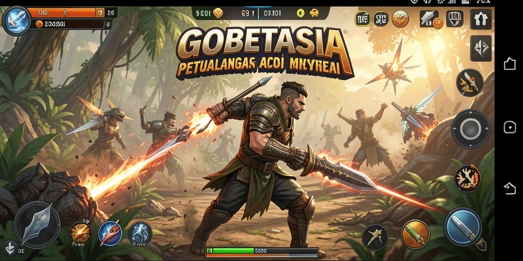 Tangkapan layar utama GOBETASIA menampilkan aksi seru dalam pertempuran.