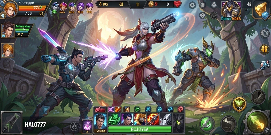 Screenshot gameplay HALO777 dengan aksi seru karakter MOBA.