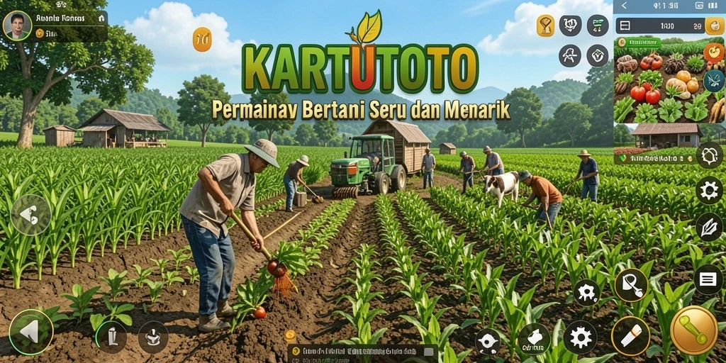 Tangkapan layar KARTUTOTO menampilkan ladang subur dan hewan peliharaan yang ceria.