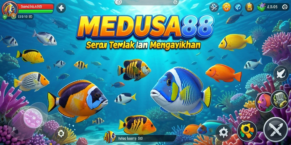 Tampilan gameplay seru di MEDUSA88 dengan berbagai ikan berwarna-warni.