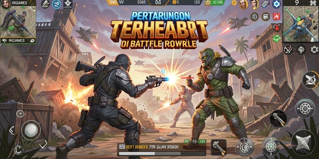 Screenshot menunjukkan aksi seru dalam permainan Battle Royale OKGAMES.