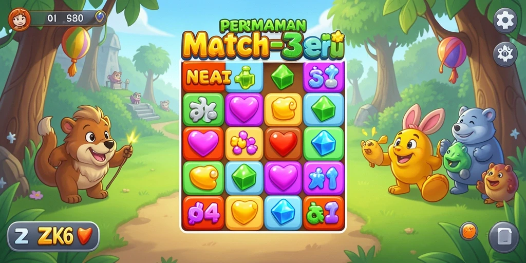 Tangkapan layar gameplay ZK6 yang menampilkan level Match-3 yang mengasyikkan.